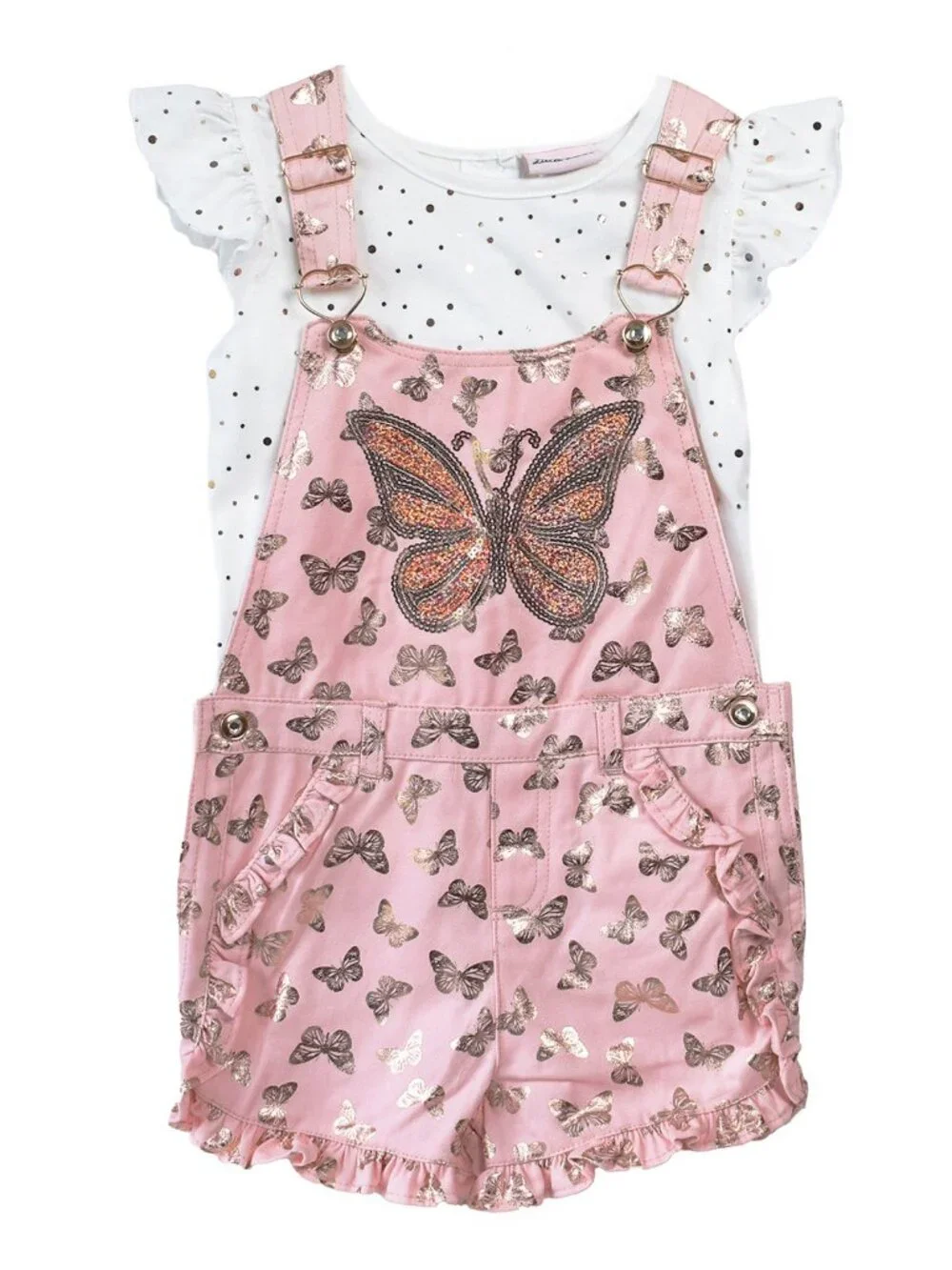 Little Lass Girls 2-Piece Set Denim Ruffled Overall Romper Shorts Shirt Coral - Picture 2 of 5